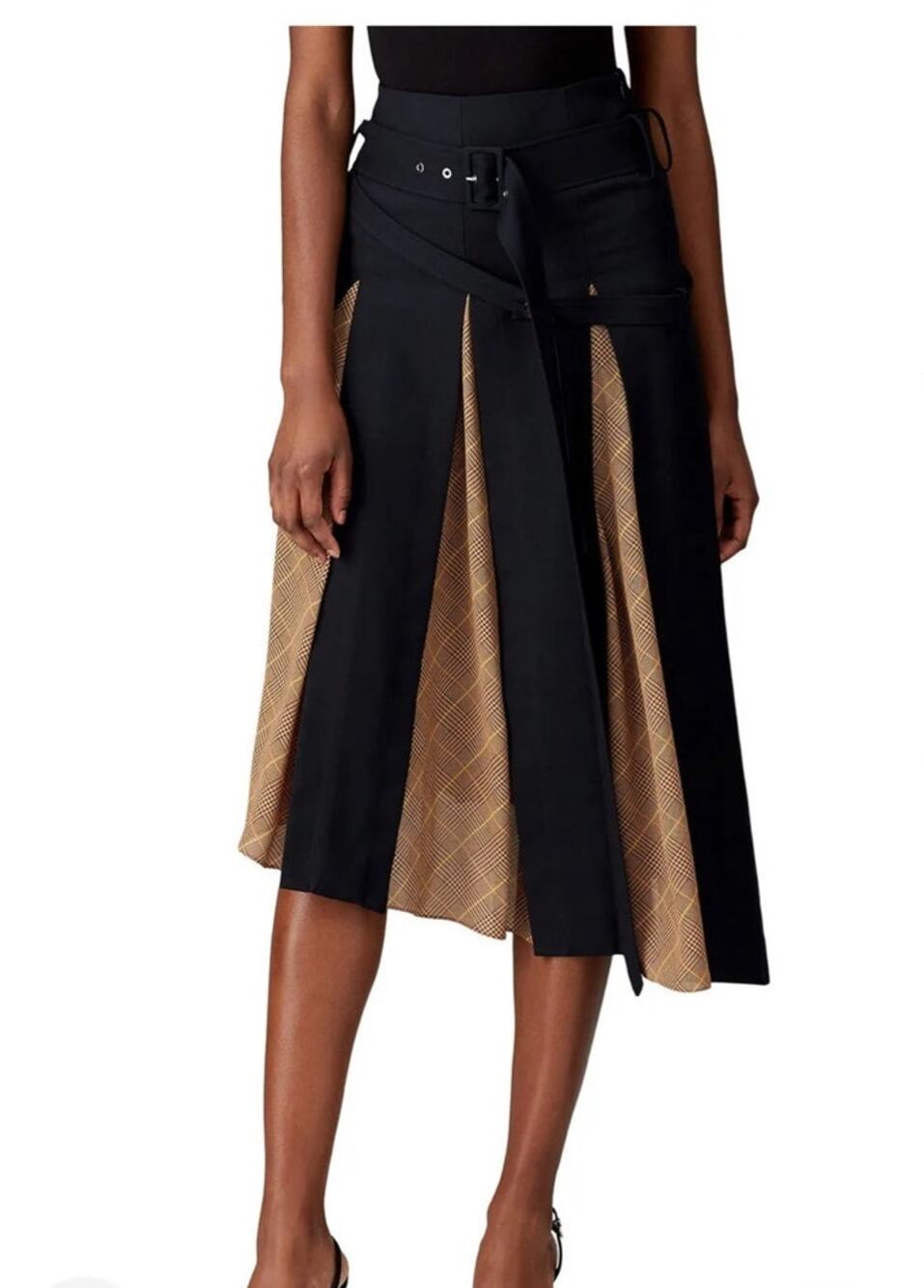 Rokh Asymetrical Scarf Insert Pleated Midi Skirt Women's 4 / 6 Navy Tan